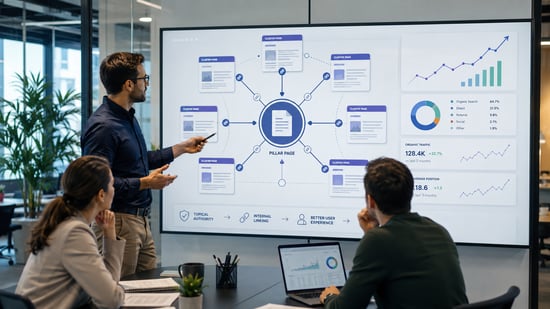 Marketing team reviewing an SEO topic cluster linking a central pillar page to supporting content and organic traffic performance.