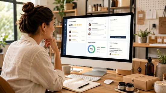 Small-business owner reviewing customer reviews, messages, contact inquiries, and feedback data on a desktop dashboard.