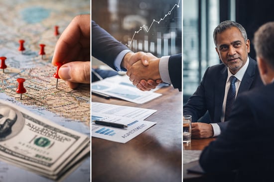 Executives reviewing energy funding, acquisitions, and leadership changes as sequential market signals in a boardroom