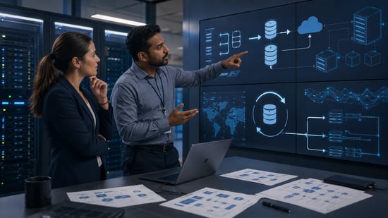 Business and IT team reviewing data recovery strategy, backup workflows, and storage recovery planning in a server room