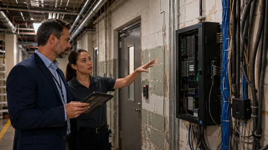 Facilities manager and technician inspecting access control panels, wiring, and door hardware in an older commercial building service corridor.