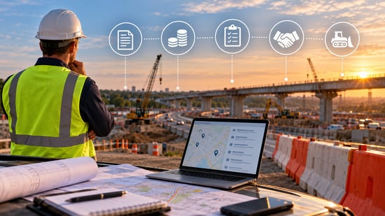 Construction project manager reviewing infrastructure plans and B2B sales opportunities at a highway development site, illustrating project buying signals, supplier procurement, and contract opportunities.