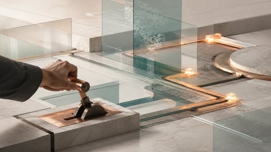 Abstract control maze with glass panels, copper pathways, and a hand adjusting a lever, representing bounded autonomy and human control in an advanced security environment.