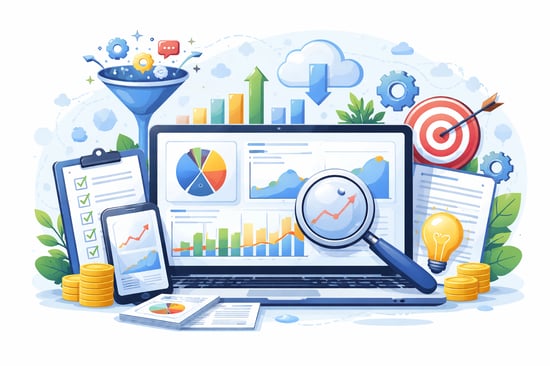 Illustrated analytics dashboard on a laptop with charts, graphs, a magnifying glass, checklist, target, funnel, smartphone metrics, and coins, representing data-driven marketing analysis and smarter post-funding growth decisions.