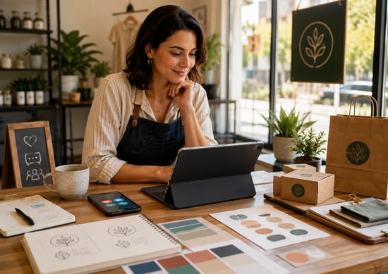 Small business owner reviewing branding questions and customer engagement ideas in a local shop workspace.