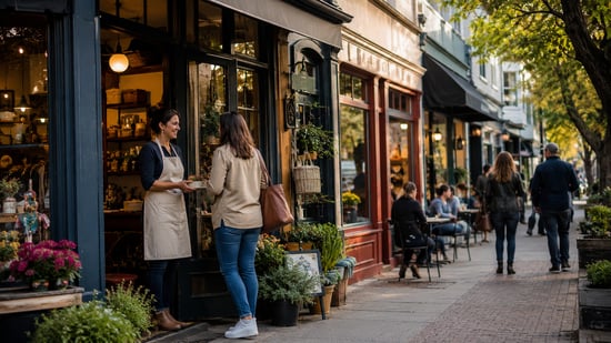 Local shop owner speaking with a customer outside an independent business on a busy, tree-lined high street