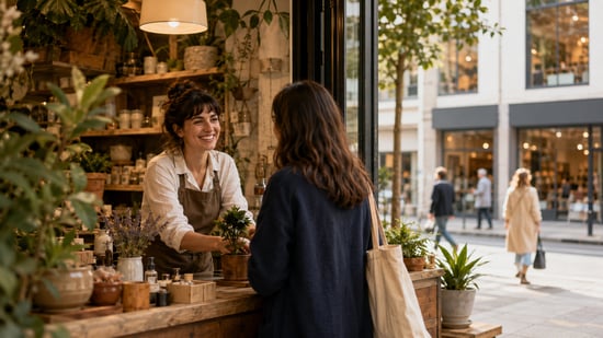 Local shop owner warmly helping a customer inside an independent boutique, highlighting personal service, community connection, and the strengths of small local brands.