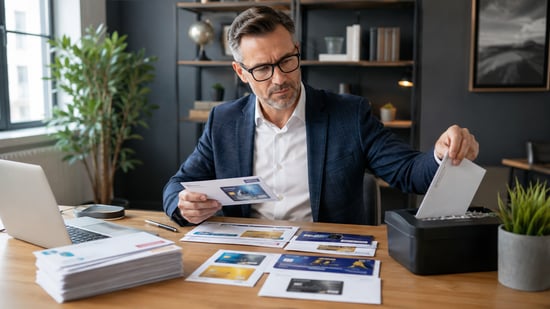 Entrepreneur reviewing prescreened credit card mail offers and securely shredding unwanted solicitations in an office.