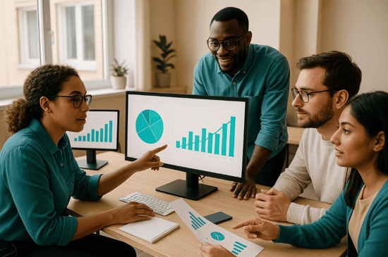 Marketing team reviewing business growth charts during a collaborative meeting in a modern office, illustrating AI-powered advertising strategy.
