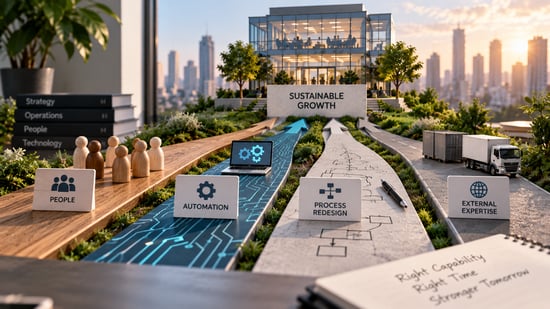 Four capacity options—people, automation, process redesign and external expertise—converging on a growing business to show different routes to sustainable growth.