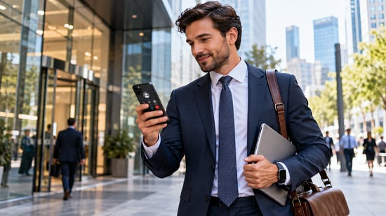 Business sales executive using a mobile calling app on his smartphone outside a modern office, illustrating flexible business communication and mobile sales connectivity.