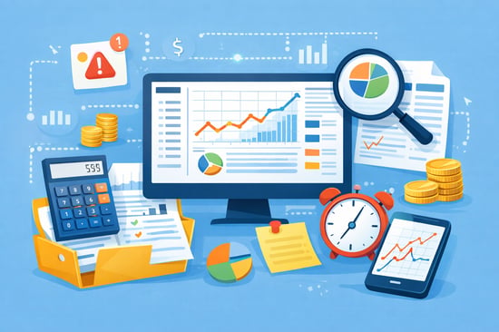 Cost monitoring illustration with charts, currency symbols, and financial tracking elements