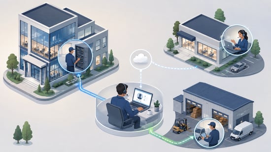 Illustrated service network connecting multiple business locations with a mix of on-site field support and remote technical assistance.