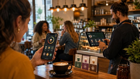 Café customer viewing personalised loyalty rewards on a smartphone while a barista manages drink options and customer preferences on a tablet behind the counter.