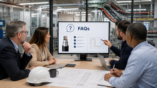 Business leaders and facilities team reviewing power cable specifications and installation plans during an industrial electrical infrastructure meeting.