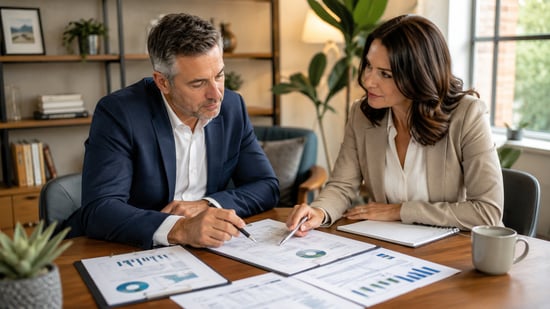 Business owner and financial adviser comparing retirement income options and financial projections during a planning meeting.