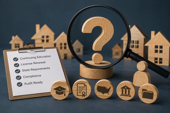 Mortgage compliance concept showing continuing education, license renewal, state requirements, audit readiness, and mortgage lending oversight.