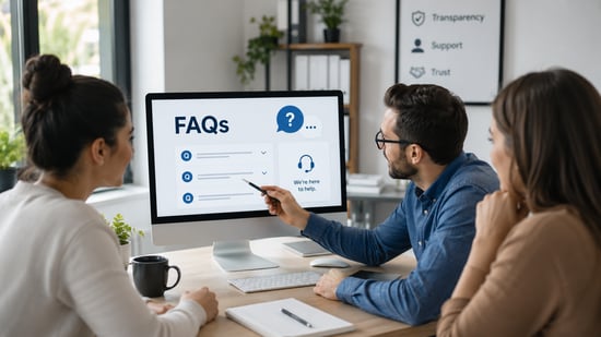 Small-business team reviewing an online customer support and frequently asked questions page focused on transparency, trust, and helpful responses