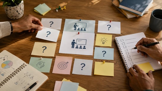 Training questions, learning diagrams, and a practical checklist arranged on a desk during a corporate learning planning session
