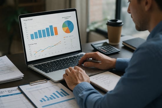 Team reviewing cost reports, charts, and financial dashboards around a conference table in a modern office.