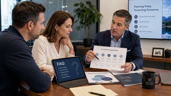 Wealth advisor reviewing pre-sale planning and asset protection strategies with business-owner clients during a financial planning meeting.