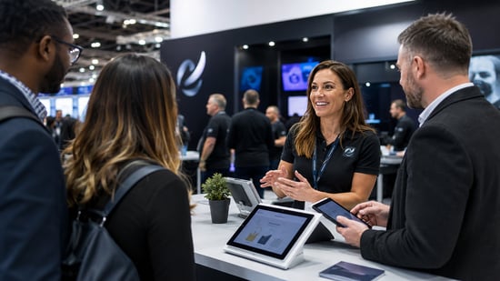 Product demonstrator engaging trade show attendees at a live event booth, using tablets and hands-on discussion to qualify leads and explain a product.