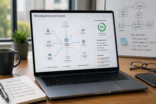 Modern laptop displaying connected business systems, dependencies and risk indicators in a contemporary office workspace.