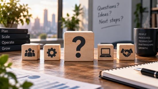 Question mark surrounded by people, process, technology and partnership icons representing common capacity decisions for a growing business.