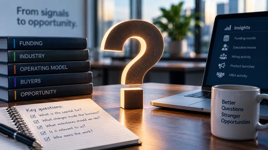Bronze question mark on a business desk beside funding, industry and buyer research materials, representing the questions sellers should ask when interpreting growth signals.