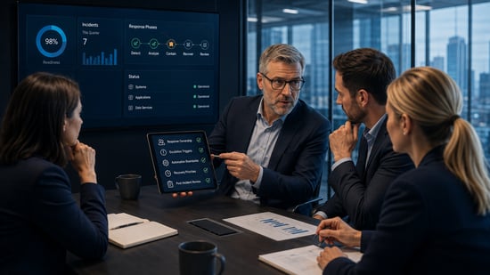Business leaders discussing incident response ownership, escalation triggers, automation boundaries and recovery priorities during a cybersecurity review.