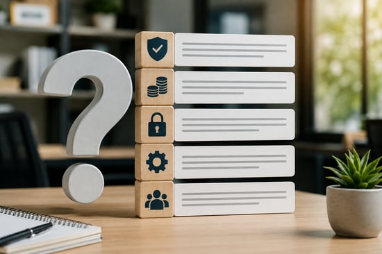 Question mark beside five cybersecurity investment considerations, including security, cost, access, operations and people.