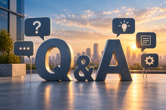 Large Q&A letters with question, idea, document and settings icons against a city skyline, marking the supplier-capacity FAQ section.