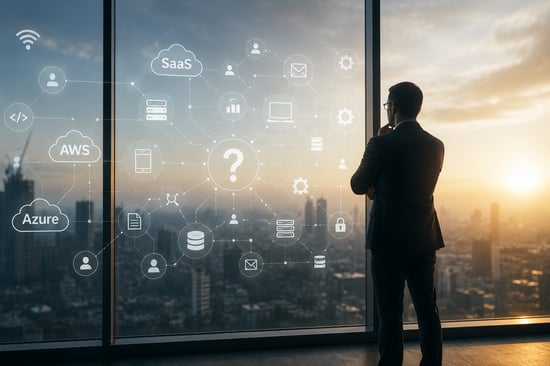 Business leader reviewing a complex digital ecosystem of cloud platforms, applications and connected systems, highlighting the challenge of maintaining visibility as technology environments grow.