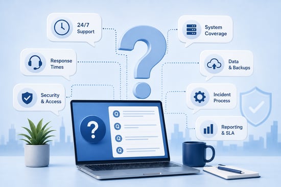 Laptop surrounded by icons representing 24/7 support, response times, security, backups, incident management and service reporting