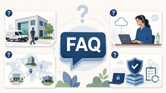 FAQ graphic comparing local on-site service, remote support, multi-location coverage and supplier resilience considerations.