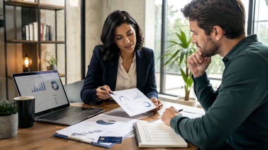 Financial advisor reviewing credit and business finance information with an entrepreneur while discussing a credit card application and pre-approval options.