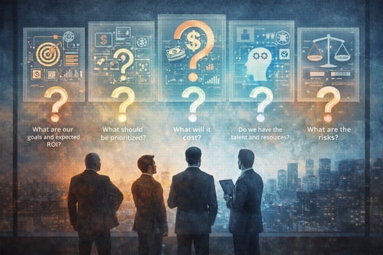 Insurance executives evaluating priorities, risk, cost, and execution questions during a modernization decision