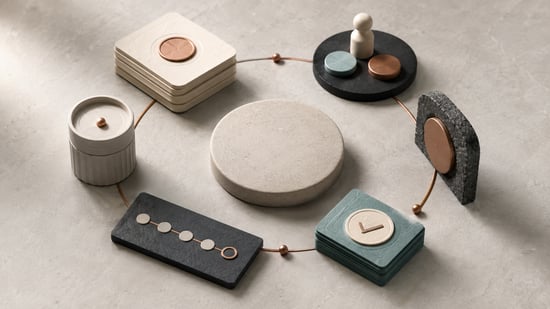 Minimal circular arrangement of connected objects and symbolic markers, representing the key components of autonomous security readiness, including oversight, evidence, permissions, and process control.