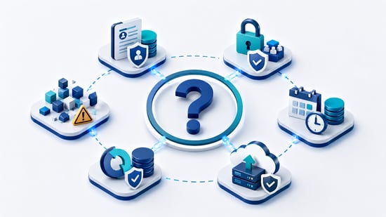 Business data management questions illustrated through data ownership, access security, recovery, retention, cloud storage, and fragmented information.