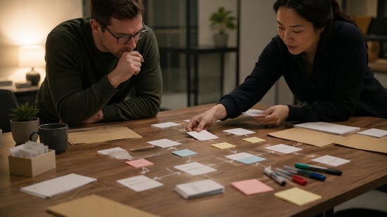 Two colleagues mapping a business workflow with cards and notes on a table to identify handoffs, dependencies, and process bottlenecks.