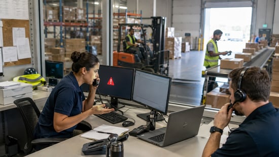 Warehouse support staff handling an IT outage from a control room while fulfilment activity continues in the background.