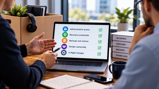 IT handover meeting reviewing administrative access, recovery credentials, backups, vendor ownership and in-flight changes before an IT lead leaves.