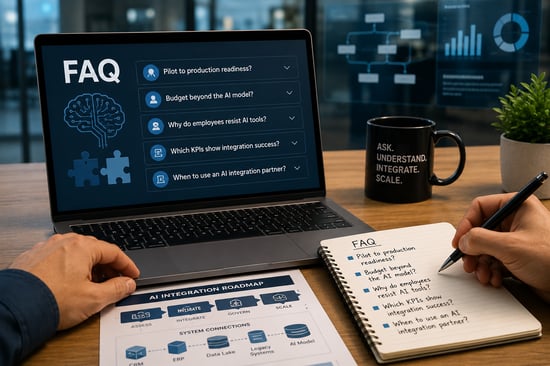 Laptop displaying AI integration FAQ questions beside a roadmap document, highlighting production readiness, governance, KPIs, and system integration planning.