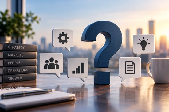 Large question mark surrounded by business, operations, growth and idea icons on a desk, introducing the product-launch FAQ section.
