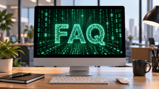 Desktop computer displaying glowing FAQ letters against green binary code in a modern office, representing AI-powered marketing automation questions.