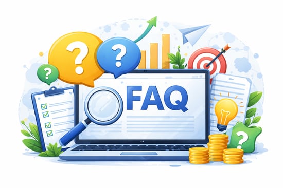 Illustrated startup growth scene with a laptop displaying FAQ, surrounded by question bubbles, a checklist, magnifying glass, bar chart, target, paper airplane, light bulb, and stacks of coins to represent common post-funding marketing questions.