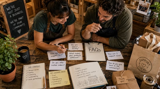 Local business owners reviewing customer questions, community priorities, and service ideas at a workshop table.