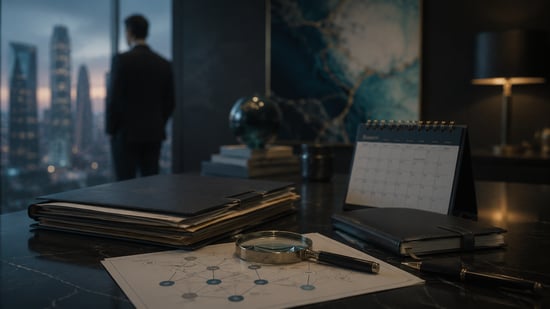 Executive appointment research materials, calendar and organisational map on a desk, with a business leader reviewing the evidence in the background.