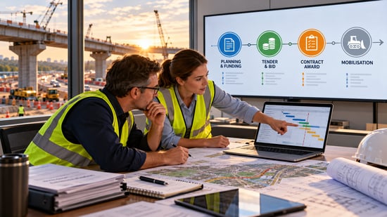 Infrastructure project managers reviewing a construction procurement timeline covering planning, funding, tendering, contract awards, and mobilisation to identify B2B sales opportunities.
