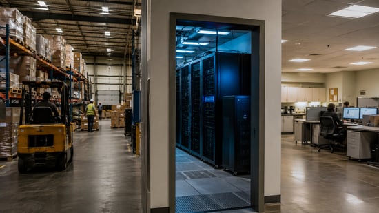 Warehouse operations, a dedicated server room, and office staff working side by side, illustrating how resilience investment can be matched to the business consequences of IT downtime.